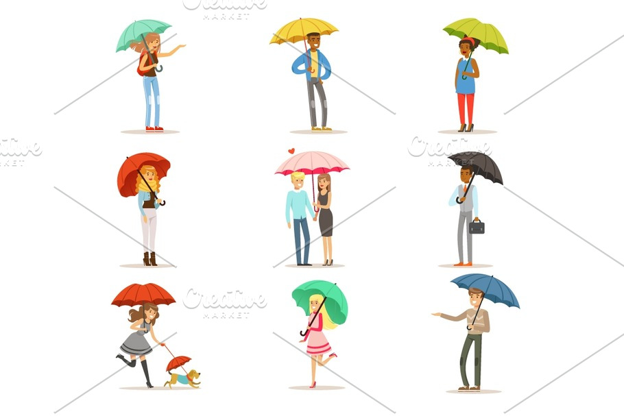 Set of people with colorful umbrellas. Smiling man and woman walking under umbrella colorful characters vector Illustrations