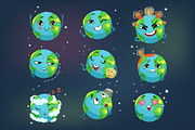 Cute funny planet Earth emoji showing different emotions set of colorful characters vector Illustrations