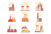 Industrial factory buildings set. Modern power plants colorful vector Illustrations