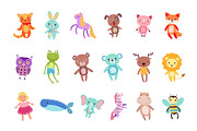 Set of cute colorful soft plush animal toys vector Illustrations