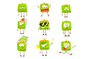Cute green funny humanized purse showing different emotions set of colorful characters vector Illustrations