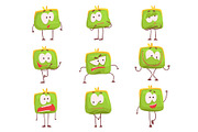 Cute green humanized purse with funny faces set of colorful characters vector Illustrations