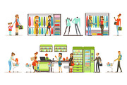 People buying grocery products and clothes in the supermarket set, family shopping colorful vector Illustrations