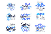 Splash wave logo template set, hand drawn vector Illustrations in blue colors