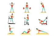 Beautiful woman exercising in the gym with sports equipment set of colorful vector Illustrations