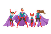 Family of superheroes set. Smiling parents and their children dressed in superheroes costumes colorful vector illustrations