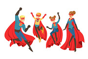 Happy family of superheroes set. Smiling parents and their children dressed as superheroes colorful vector illustrations