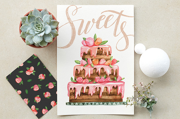 Watercolor cakes and sweets in Illustrations - product preview 4