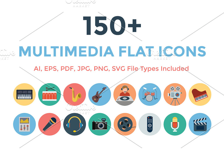 150+ Multimedia Flat Icons