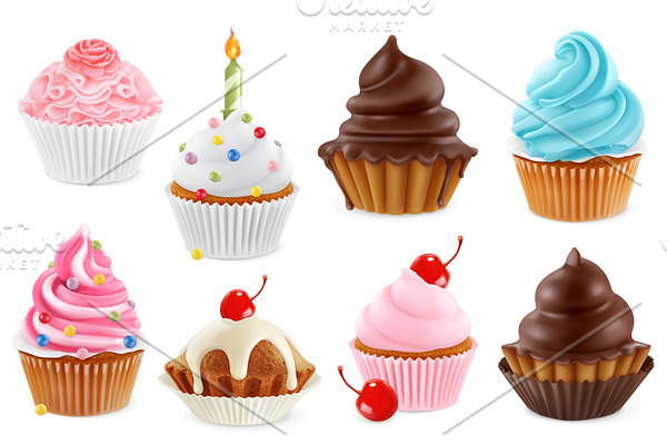 Cupcakes, vector set for pastry-shop