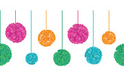 Vector Vibrant Colorful Birthday Party Paper Pom Poms Set On Strings Horizontal Seamless Repeat Border Pattern. Great for handmade cards, invitations, wallpaper, packaging, nursery designs.