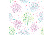 Vector pastel spring blossoming trees and butterflies seamless pattern background. Great for sprintime themed fabric, packaging, giftwrap, gifts projects.