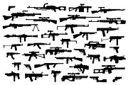 Firearms. Vector big set of different modern fire weapons. Black silhouettes on white isolated background. Side view