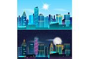 Big city day and night landscape. Skyscrapers in neon lights. Sunny day and night with fool moon.