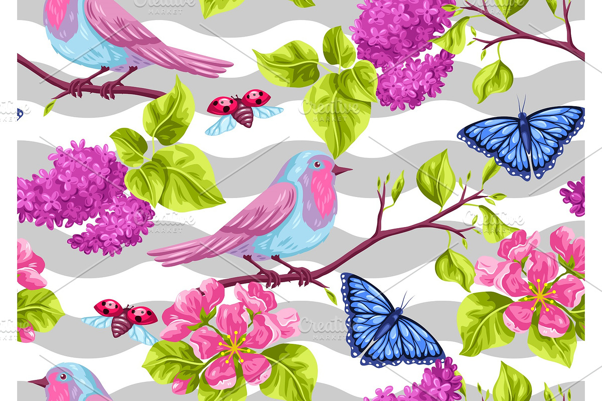 Spring garden seamless pattern. Natural illustration with blossom flower, robin birdie and butterfly in Patterns - product preview 8