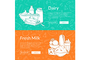 Vector horizontal banners with hand drawn dairy products