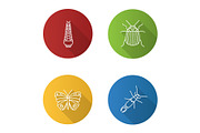 Insects flat linear long shadow icons set