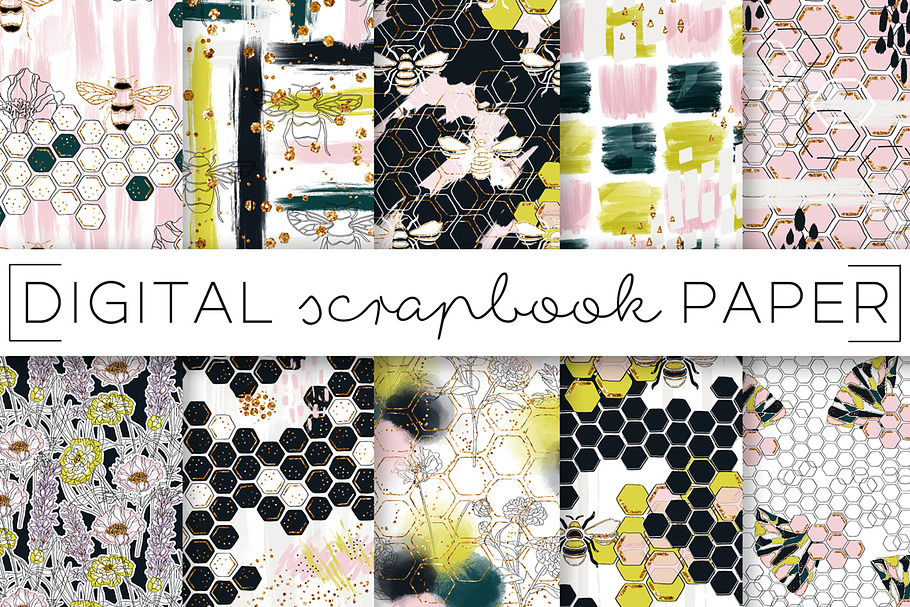 Hexagons Bumble Bees Digital Paper in Patterns - product preview 8