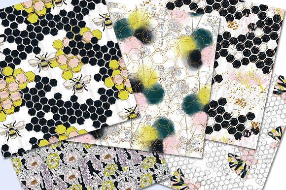 Hexagons Bumble Bees Digital Paper in Patterns - product preview 1