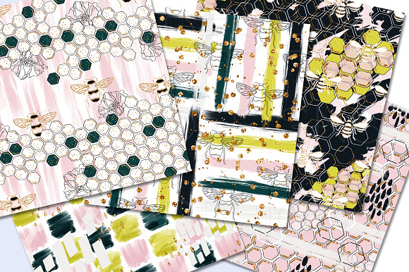 Hexagons Bumble Bees Digital Paper in Patterns - product preview 2
