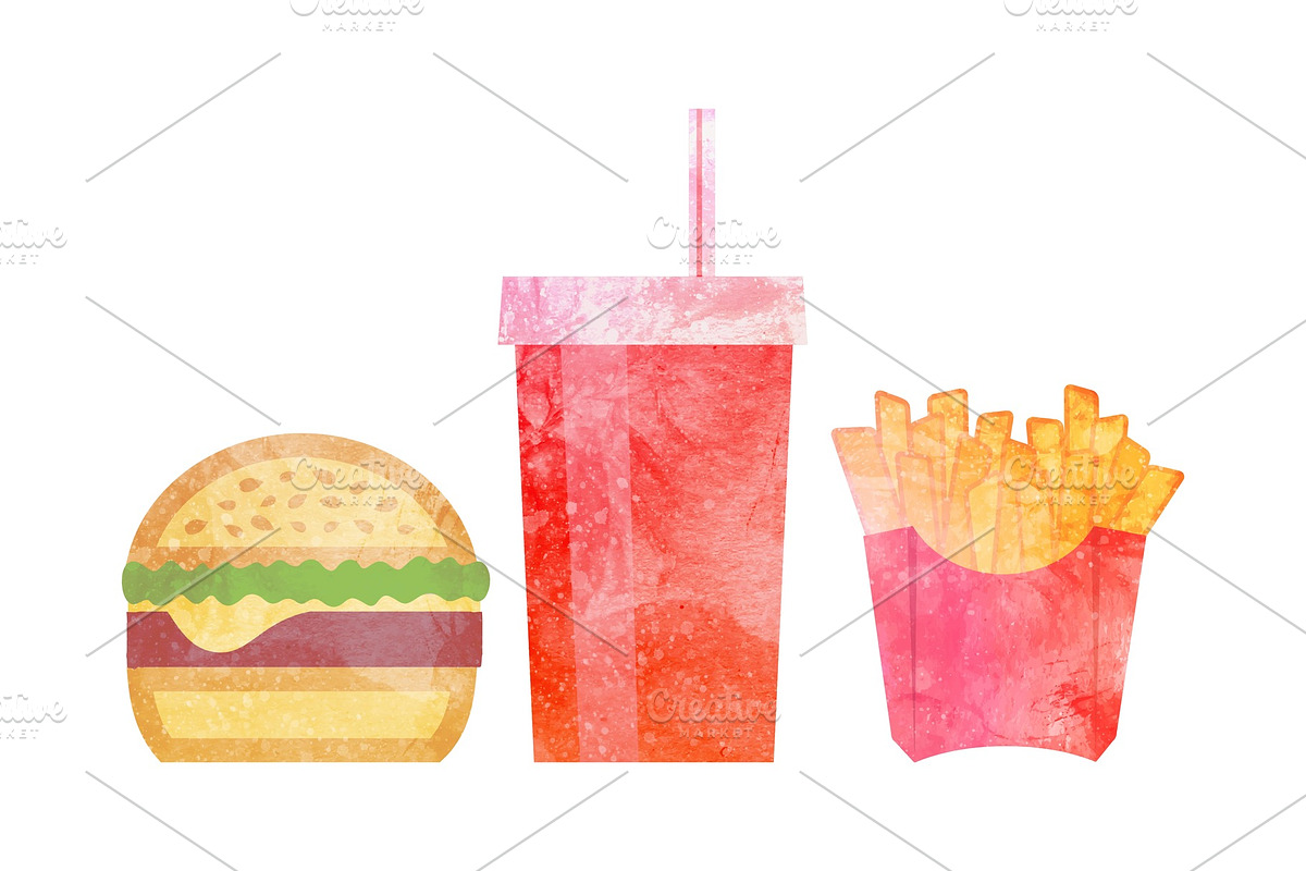 Watercolor Fast food on white in Illustrations - product preview 8