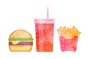 Watercolor Fast food on white