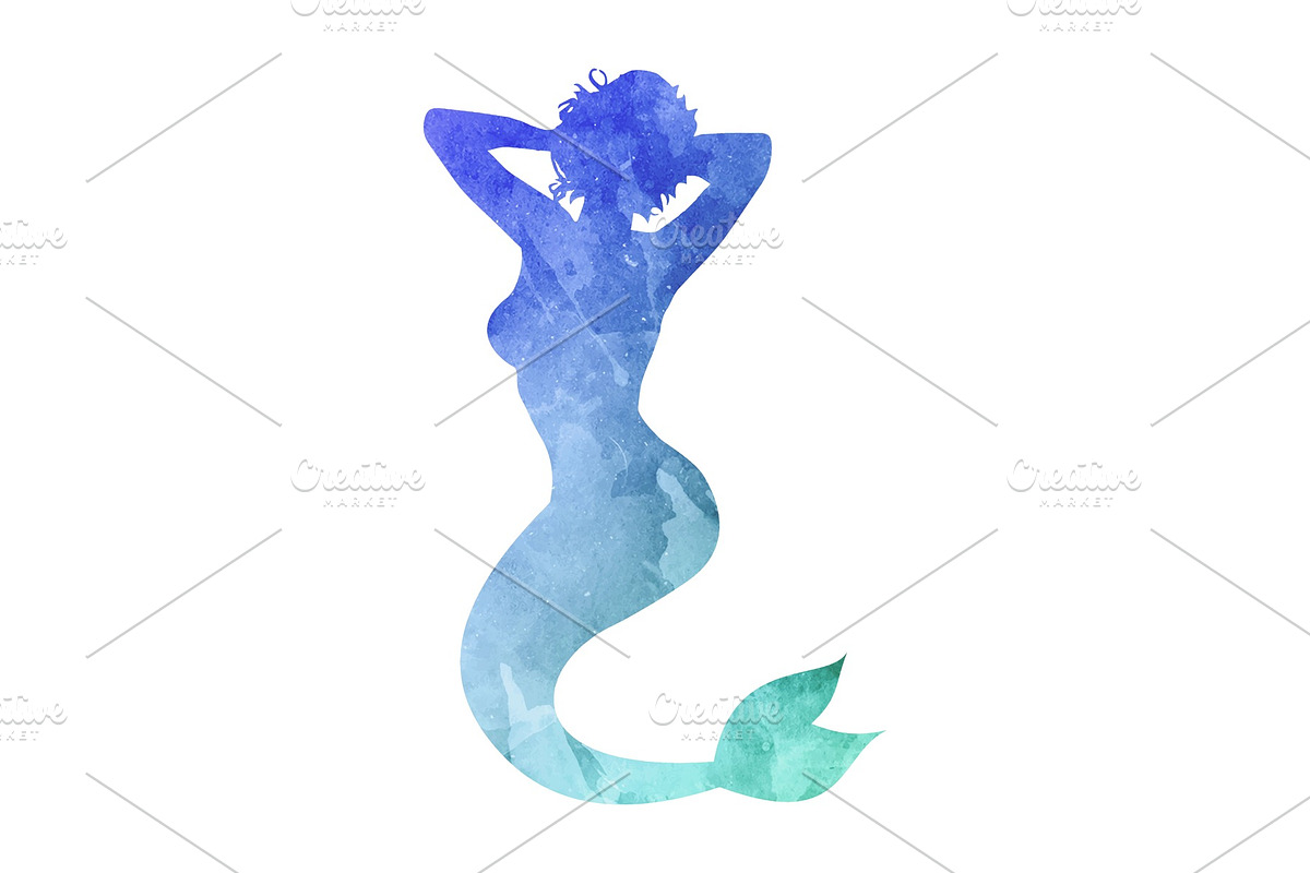 Watercolor silhouette of a mermaid on white in Illustrations - product preview 8