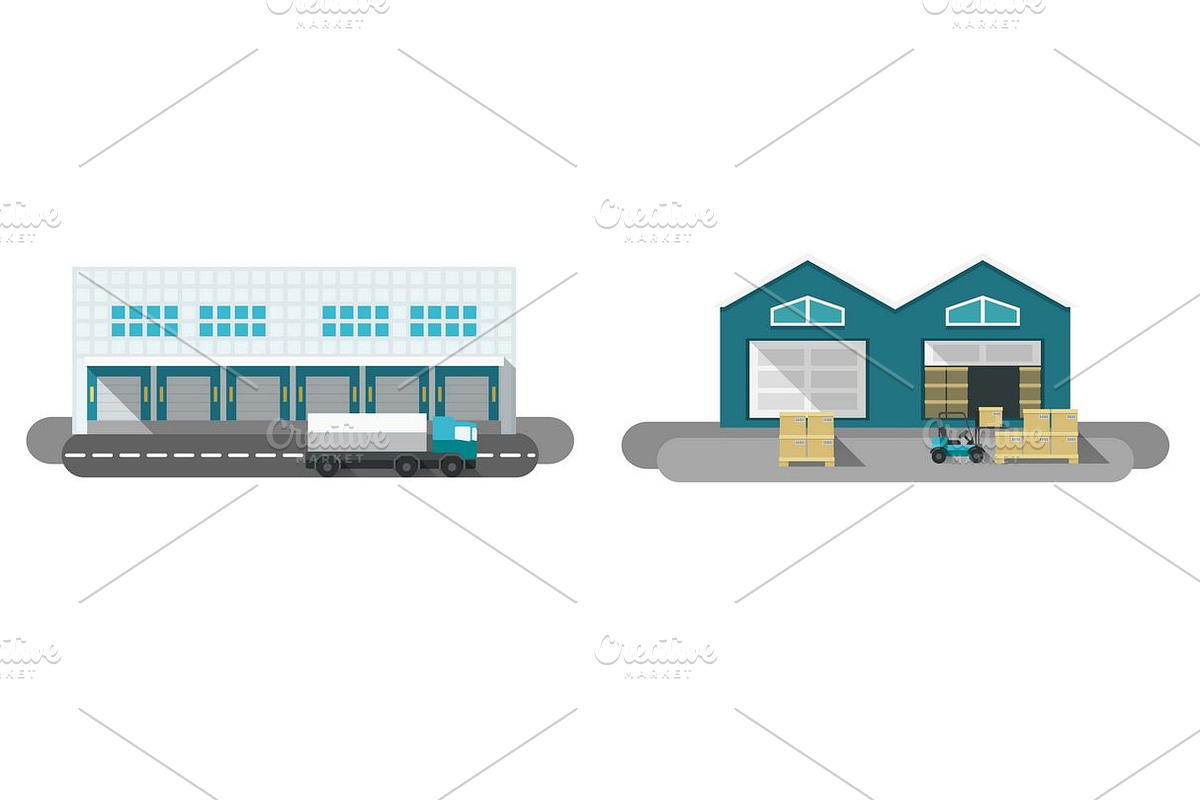 Warehouse building flat set in Illustrations - product preview 8