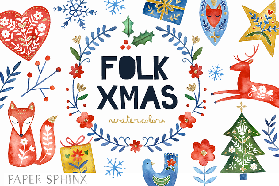 Watercolor Folk Christmas Clipart