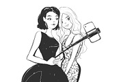 Two young women making selfie using a stick. Vector illustration.
