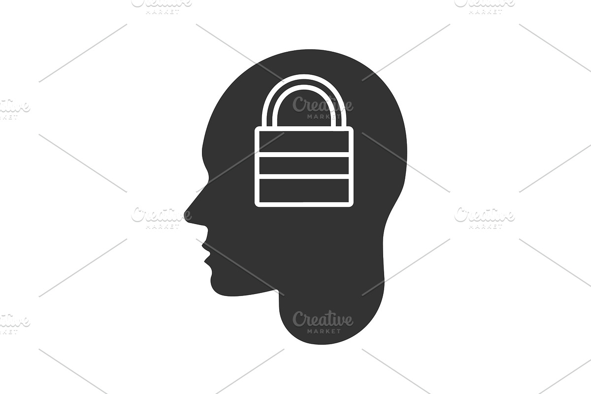 Human head with closed padlock inside glyph icon in Graphics - product preview 8