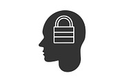 Human head with closed padlock inside glyph icon