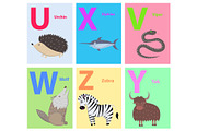 Alphabet Letters U, X, V, W, Z, Y Set with Animal