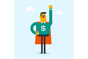 Man wearing superhero suit with dollar sign.