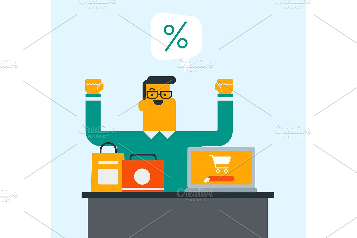 Man using a laptop with shopping cart on a screen. in Illustrations - product preview 8