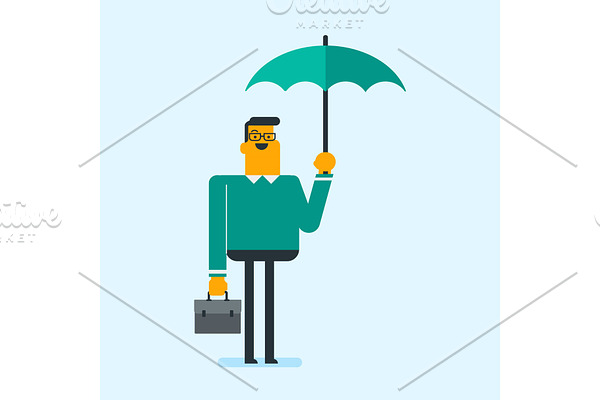 Caucasian insurance agent standing under umbrella.