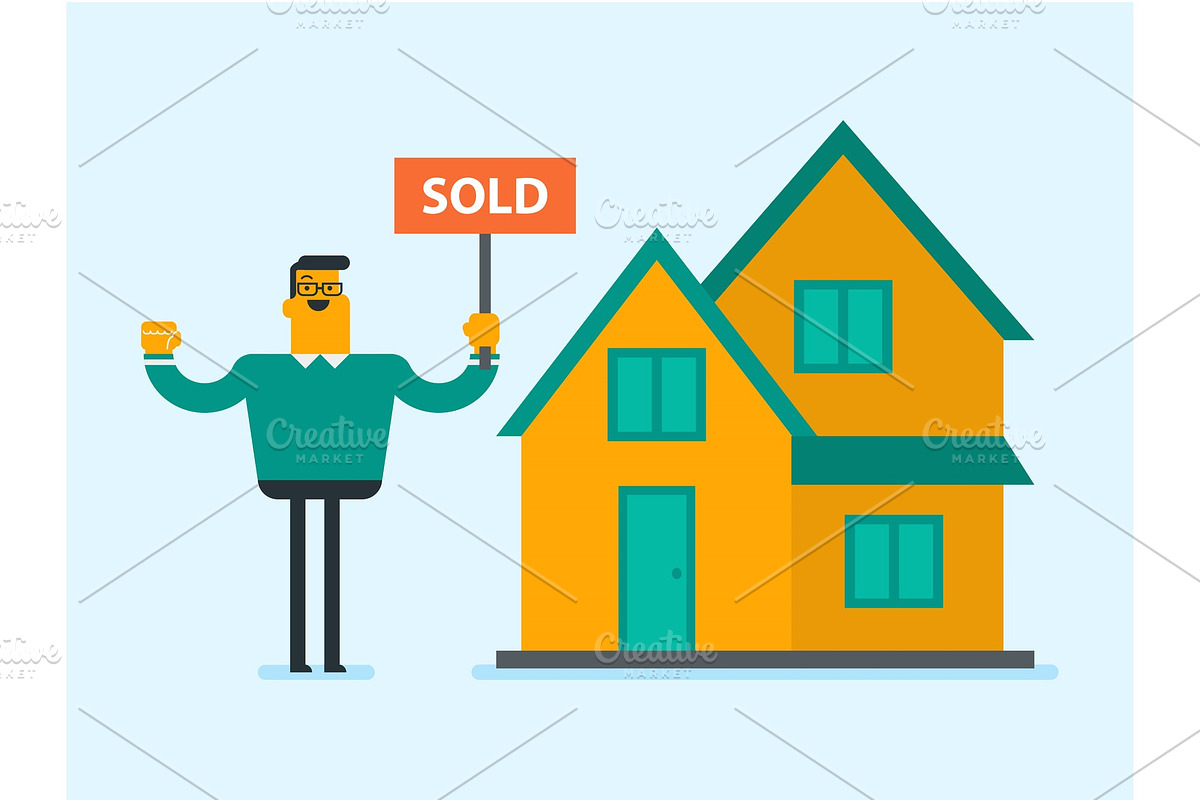 Caucasian real estate agent with sold placard. in Illustrations - product preview 8