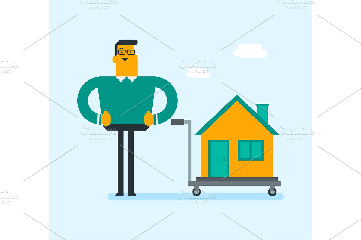 Caucasian white man with a house on a trolley. in Illustrations - product preview 8