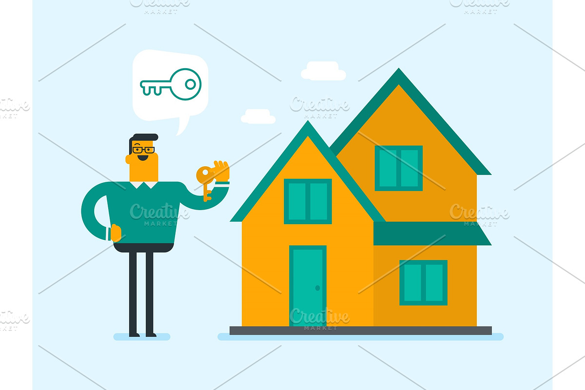 Young caucasian white homeowner holding key. in Illustrations - product preview 8