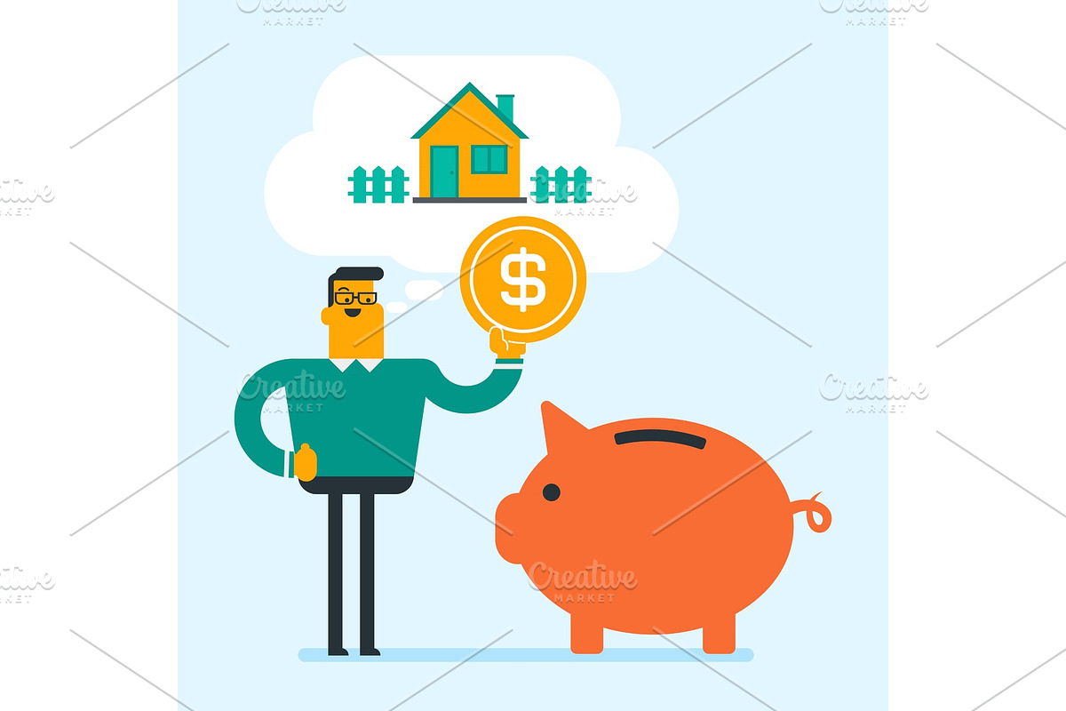Man saving money in piggy bank for buying house. in Illustrations - product preview 8