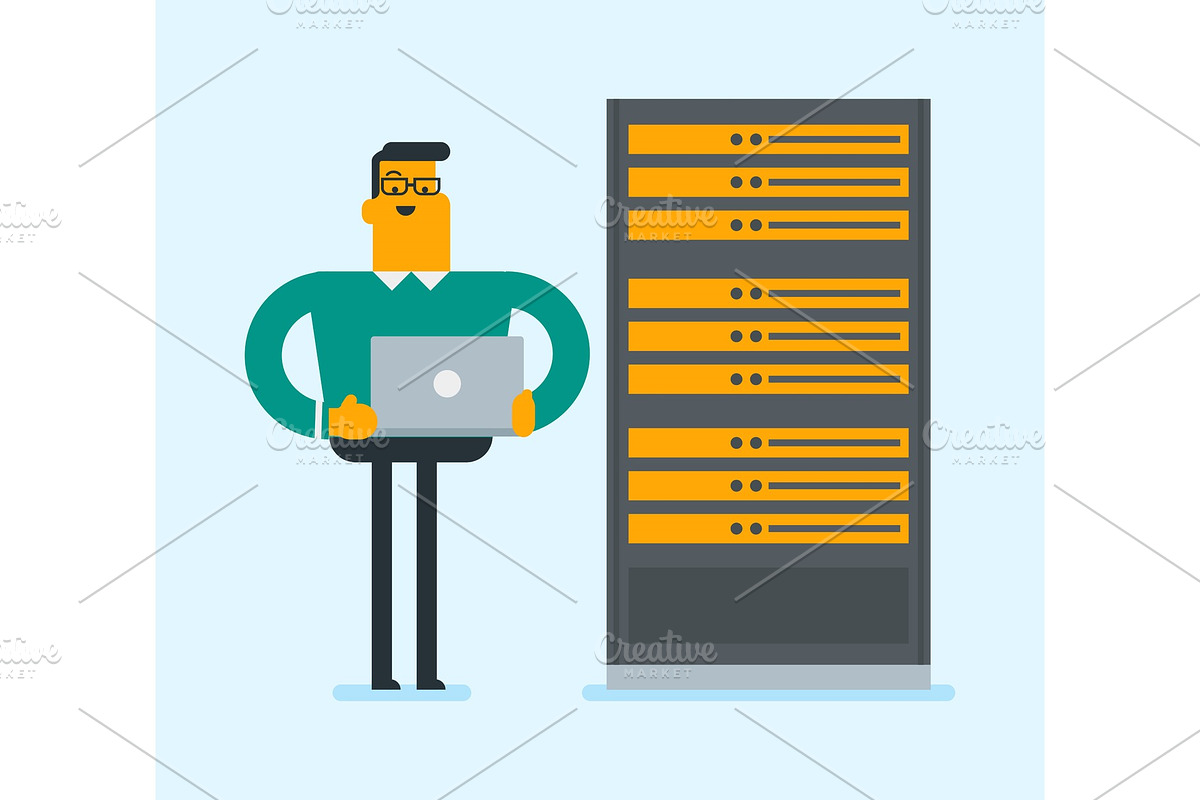 Engineer working on laptop in network server room. in Illustrations - product preview 8