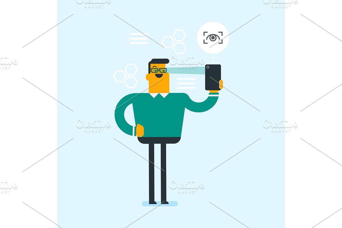 Man using iris scanner to unlock a mobile phone. in Illustrations - product preview 8