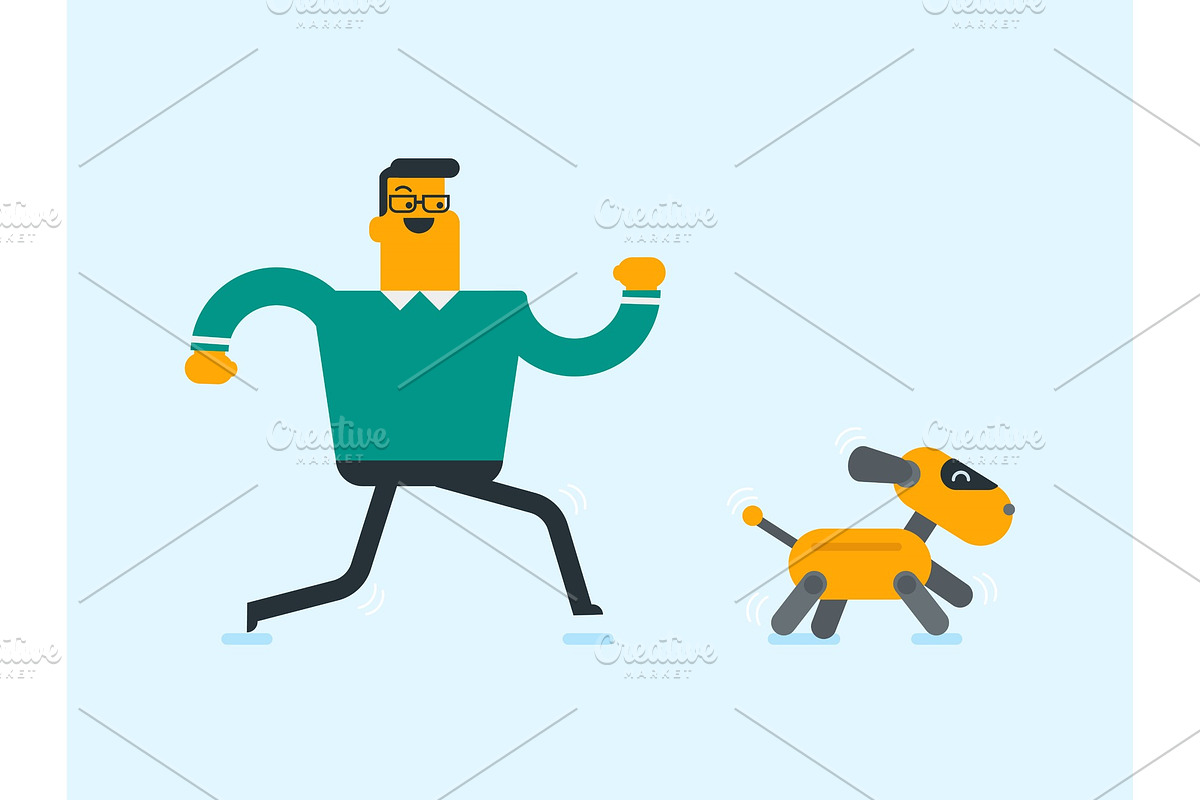 Caucasian white man playing with a robotic dog. in Illustrations - product preview 8