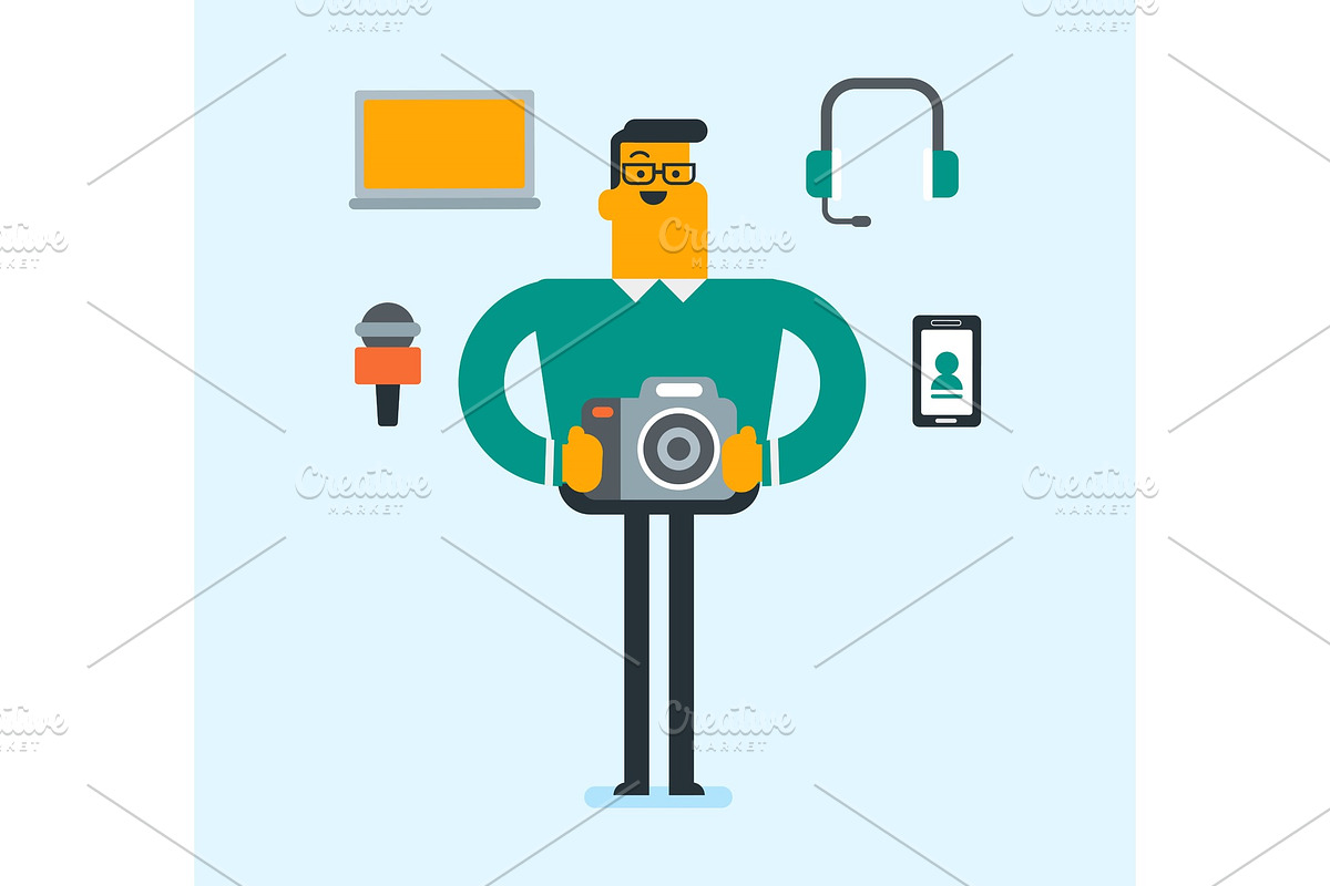 Caucasian white man surrounded by his gadgets. in Illustrations - product preview 8