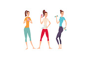 Three shapely friends with fitness gadgets posing and showing their excellent body.