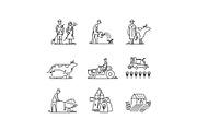 Line icons farming and agriculture Agronomy symbols, people, animals, farm field, agricultural equipment, tractor transport