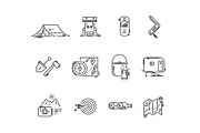 Line icons set of hiking tourism, camping.