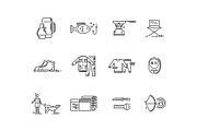 Line icons set of hunting fishing camping.