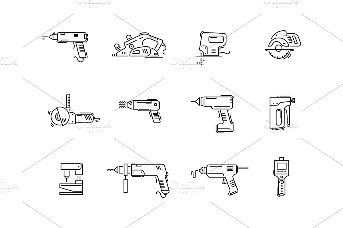 Working tools for construction and repair line icons drill, screwdriver, puncher, jig saw, fretsaw, plane, jointer, angle grinder. in Illustrations - product preview 8