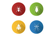 Insects flat design long shadow glyph icons set